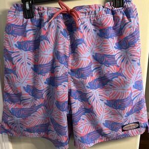 Vineyard Vines Swim Trunks Shorts Boys XL (18) Pink Blue AOP Fish Mesh Liner Kid